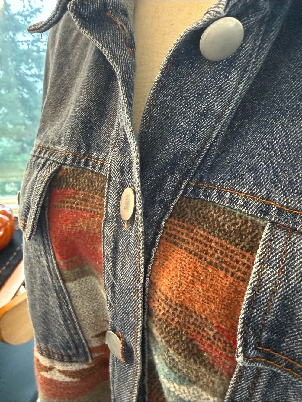 Denim Jacket with Southwestern blanket inset - Picture 4 of 10
